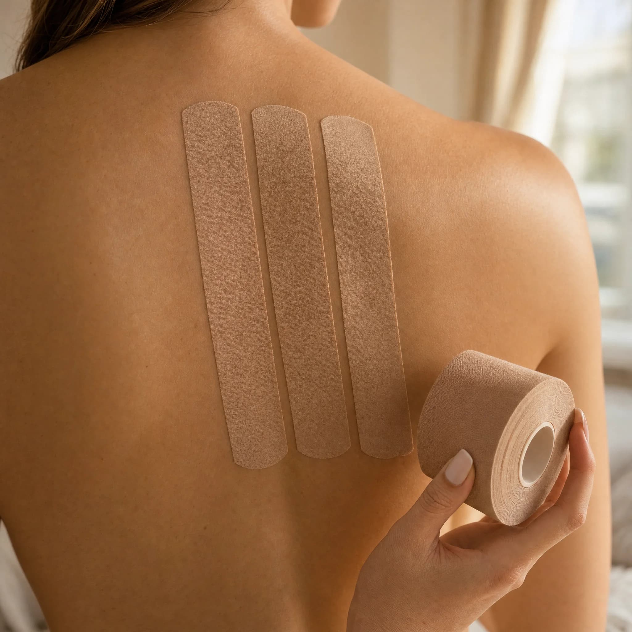 Cut nude Lift Tape strips arranged for outfit prep