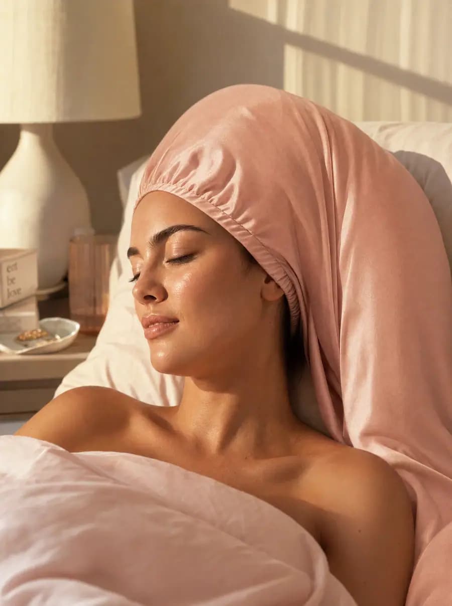 Blush Silk Bonnet worn by a fully clothed adult in a calm bedroom