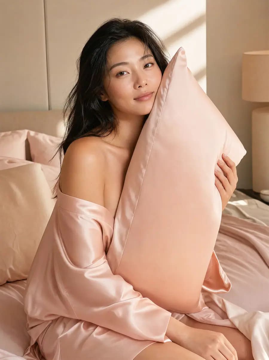Blush Silk Pillowcase in an evening reading scene