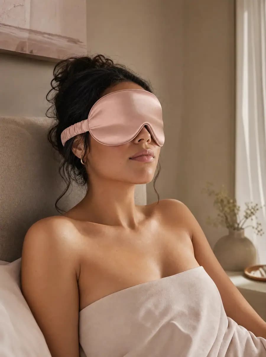 Blush Silk Eye Mask worn during a calm evening routine
