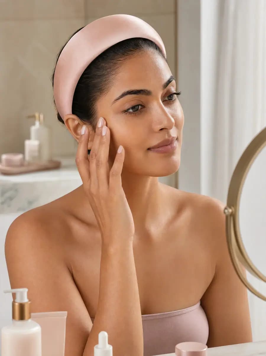 Blush Silk Headband on a bright skincare vanity